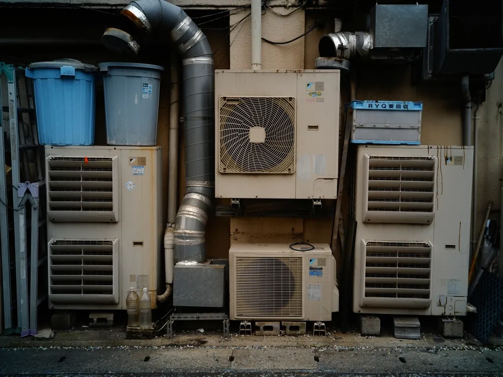 Group of outdoor air conditioning units mounted on a service wall