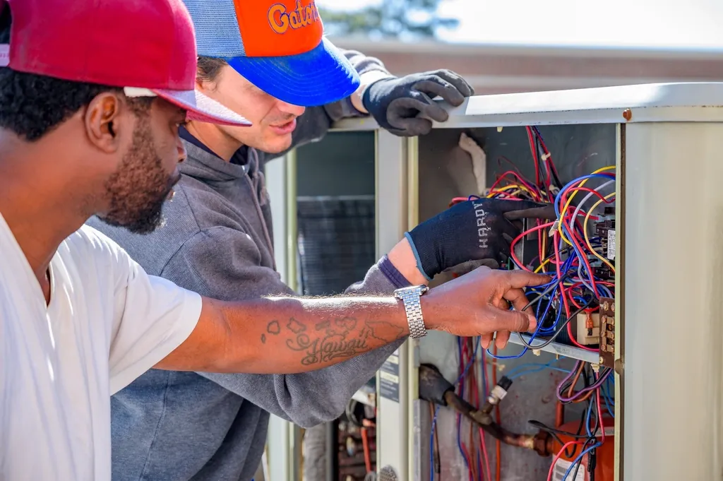 Two technicians working on wiring inside an outdoor unit